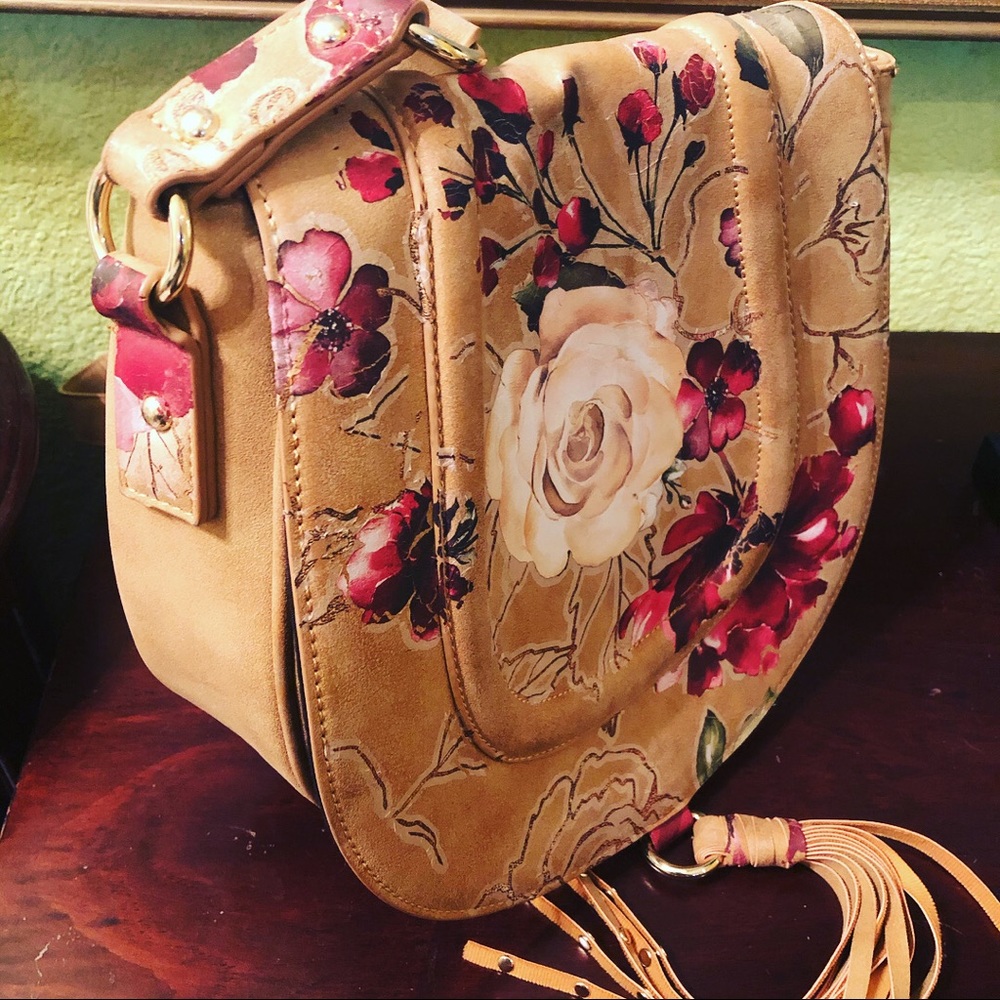 Hand Applied Flower Appliqué Tan Suede Frye Purse